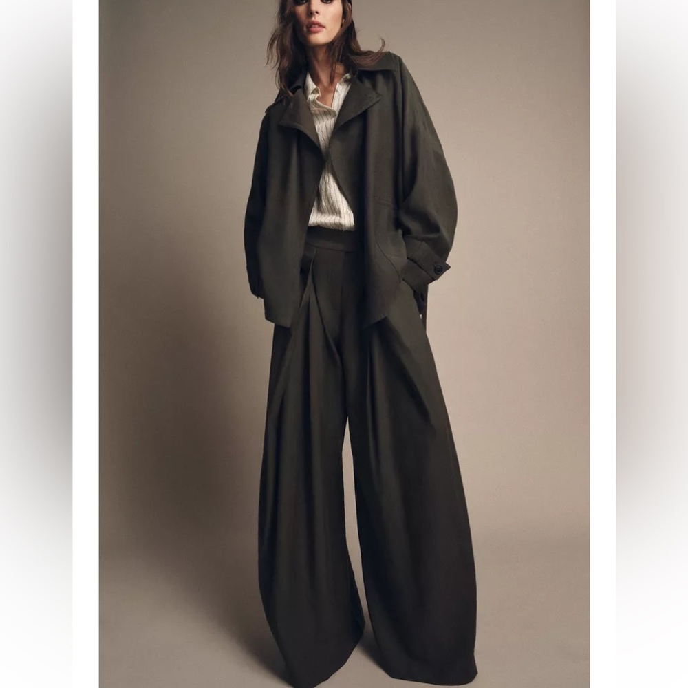 ZARA PLEATED WIDE LEG PANTS ZW COLLECTION BROWN TAUPE SMALL - Picture 9 of 10
